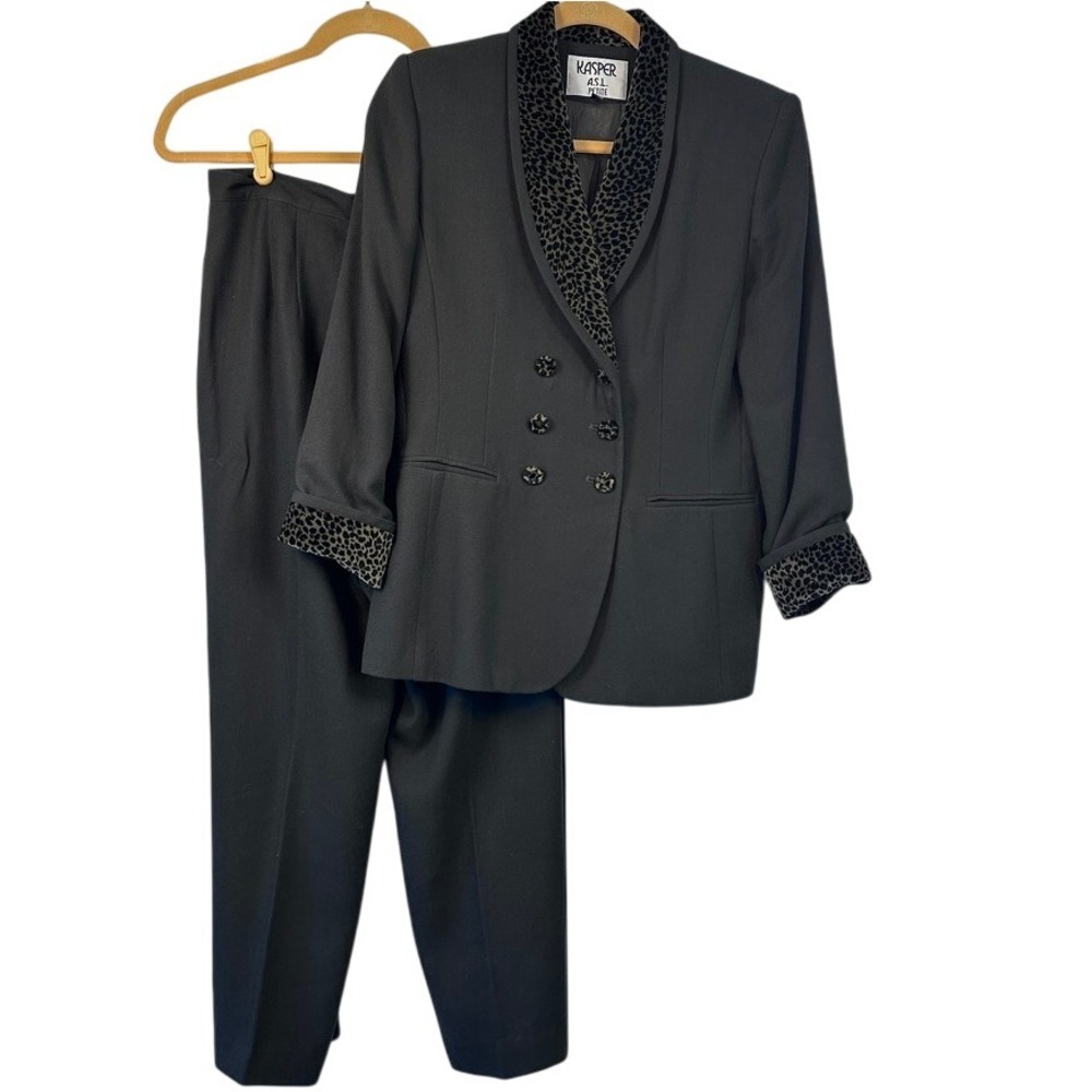 Kasper ASL Petite Black Leopard Trim Double Breasted Blazer Pants Suit‎ Set 6P